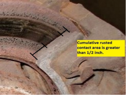 examples of swelling, delamination, pitting and of a ½ inch of cumulative rust which would constitute a rejection